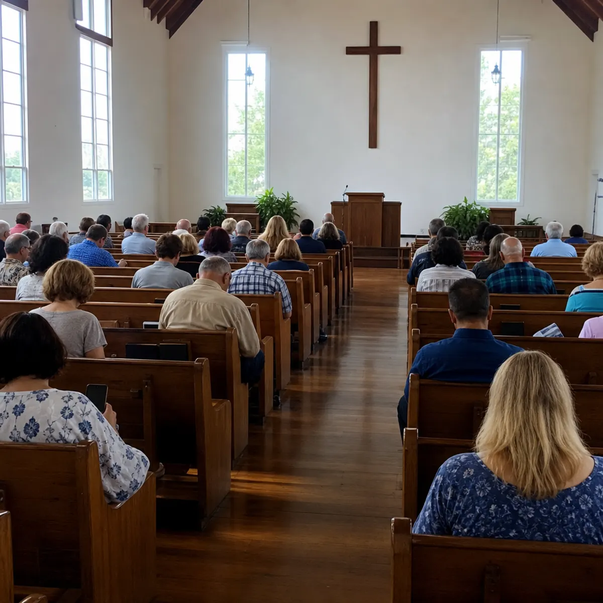 A quiet church sanctuary during a Sunday service